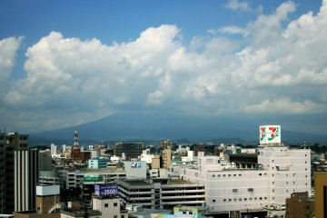 The cityscape and Mount Iwaki from Sky Banquet