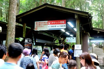 <p>People queuing for tickets to enter Fugaku Wind Cave</p>