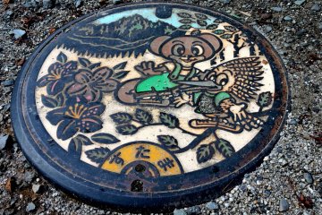 Woodpecker and tanuki featured on the area's manhole cover