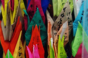 <p>Les messages de paix sont &eacute;crits sur les origami</p>