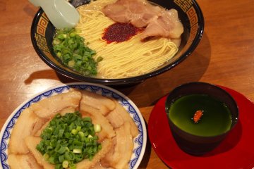 <p>Ichiran's tonkotsu ramen, yaki-buta sara (grilled pork dish) and matcha annin tofu.</p>