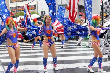 Some of the Robot restaurant dancers were wearing American flag colors and actual flags on their backs.&nbsp;