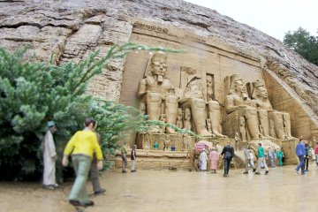 <p>Egypt: Pyramids up close and personal as well as the temple of Ramses built into a wall and surrounded by tourists</p>