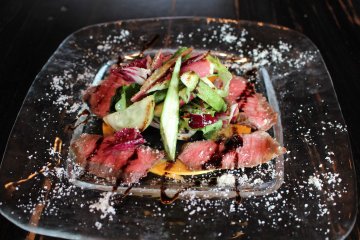 Another image of the A5 Yonezawa beef carpaccio with Italian vegetables from Kahoku-cho, Yamagata