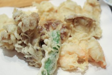 Close-up of tempura seasonal vegetables, including maitake mushroom