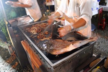 <p>Deer and wild boar meat being grilled up at the food stall (delicious!)</p>