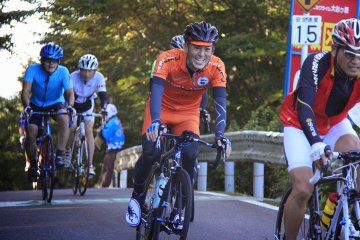 <p>Chip technology is used to record riders' times. The green strip in the road here marks the top of the Geki-zaka Hill Climb section</p>