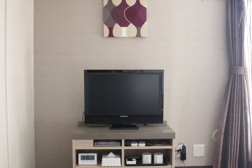TV and stand with a hairdryer, mirror, pamphlet with information, tea and others. The curtains and picturies on the walls add good feeling