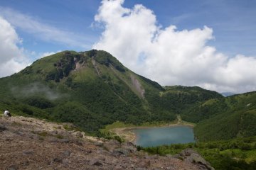 Mount Oku-Shirane seen from Mount Mae-Shirane—crater lake Goshikinuma below