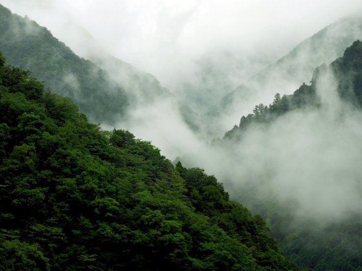 Clouds in the folds of nearby mountains