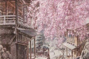 Beautiful spring scene with weeping cherry tree in Akasawa-juku, painted by artist Yoshihiro Tanamachi