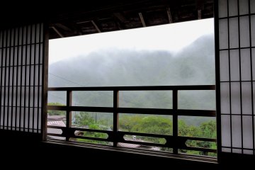 <p>Low cloud obscured the view of the mountains from this upstairs window of Kikuya Inn</p>