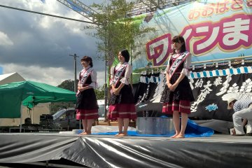 The girls in Bavarian dresses are waiting to crush the new grapes