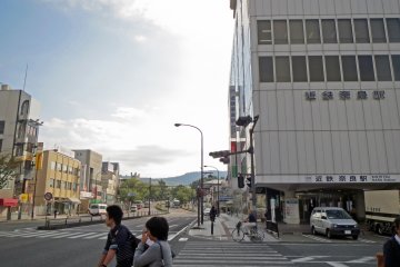 <p>Kintetsu Nara Station from the west (the tracks and platforms are underground), the trees in the background are the start of Nara Park</p>