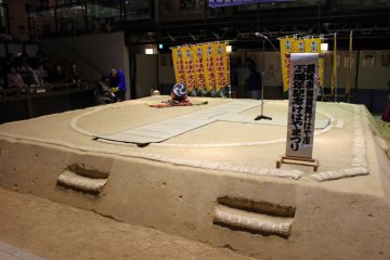 <p>The dohyo arena. Unlike a real sumo dohyo which is considered a sacred space off limits to women and those wearing shoes, anyone is allowed into the sumo museum's dohyo</p>