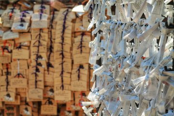 <p>Fortune slips and wooden votive tablets</p>