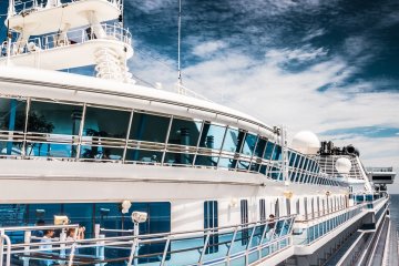 Side of the ship showing the many cabins luck to have private balconies