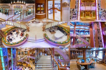Diamond Princess: Atrium, shops, dance floor, music and bars.
