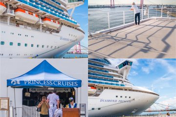 Views of the Diamond Princess in port - a few staff take a welcomed break