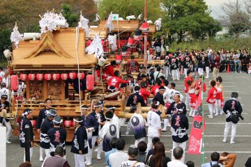 The danjiri's and their teams assembled at the festival grounds