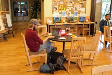 <p>A traveler takes advantage of the Visitors Center's freeWi-Fi</p>