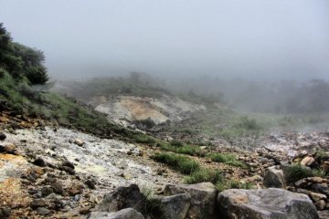 Owakudani is often covered by fog or steam from the hot springs. The mist gives an eerie feeling as you walk through the valley.