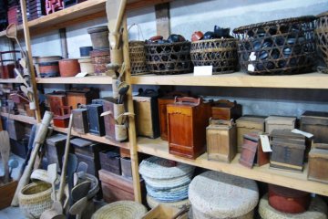 Shelves full of folk household items from the old days