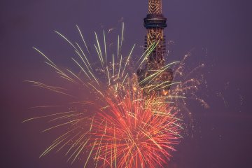 Colorful fireworks in front of the Tokyo Skytree