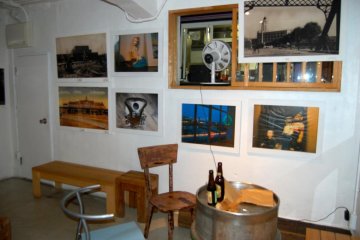 Indoor seating, beer keg tables