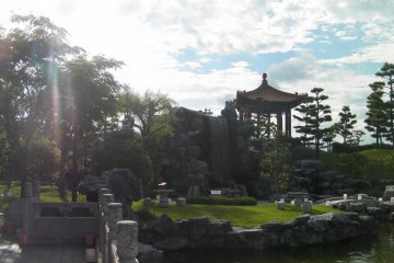 waterfall and pavillion