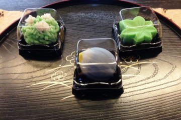 Each of these wagashi or Japanese sweets represent a flower. &nbsp;From left to right they are the Unohana, a May flower that looks like Jasmine, Iris and Maple
