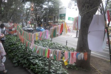 A rack of tanzaku written by spectators on Jozen-ji Dori in downtown Sendai