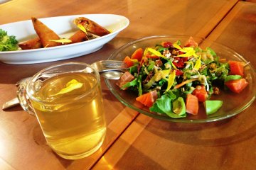 Spring rolls, 10 zen style, with a spectacular garden salad and herbal tea.