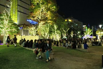 <p>Kego Park after dark with Christmas decorations</p>
