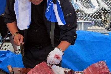 Cleaning a whole tuna fish