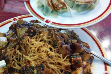 Mapo yakisoba with gyoza dumplings