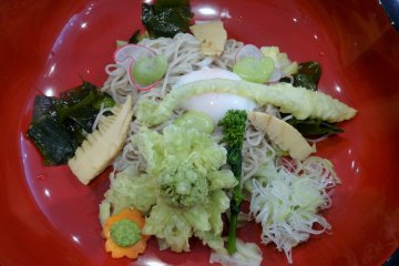 An early spring specialty of shinsai soba, topped with butterbur tempura