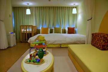 A baby-friendly room, complete with crib