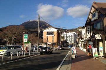 Lake Ashi entrance surrounded by stores