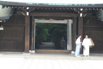 <p>In traditional clothes outside</p>