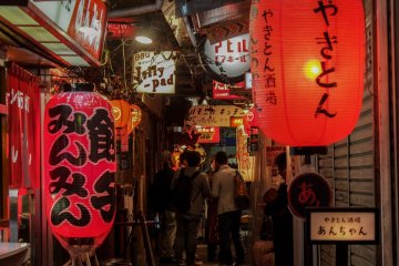 Lanterns and shop lights at Harmonica Alley