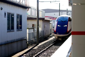 The mini-Shinkansen stopping at Yamagata station