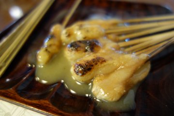 Aburi mochi are generously covered in a subtly sweet, white miso dipping sauce