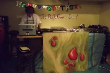 <p>When art meets music: a DJ spins tunes from behind a painting</p>