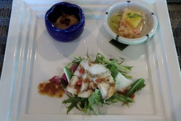 The appetizer on our visit included two sides and sliced grilled chicken roll with salad.