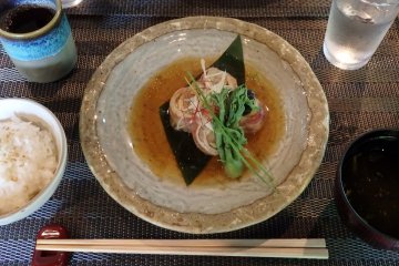The main was a fantastic pork and eggplant dish with rice and miso soup..