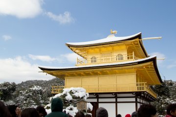 A closer view of the stunning gold with white snow against the backdrop of the crisp blue sky 