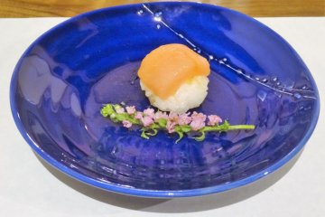 Temari sushi on local pottery
