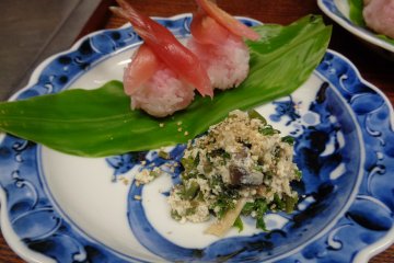 Sushi rice, myoga and mashed tofu