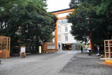 The fifteen meter tall torii is hidden between ancient trees